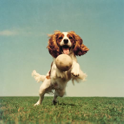 A spaniel running on grass with a ball